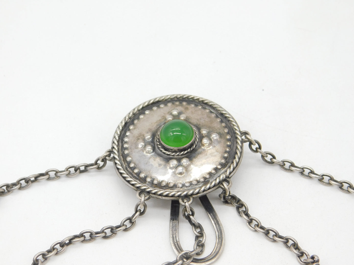 Arts & Crafts Sterling Silver Shield Form Cabochon Sewing Chatelaine Antique c1900