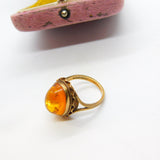 9ct Yellow Gold Cabochon Pressed Amber Signet Ring 1970 Birmingham Vintage