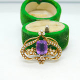 14ct Gold, Amethyst, Seed Pearl & Diamond Floral Brooch Pendant Antique c1920