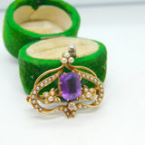 14ct Gold, Amethyst, Seed Pearl & Diamond Floral Brooch Pendant Antique c1920