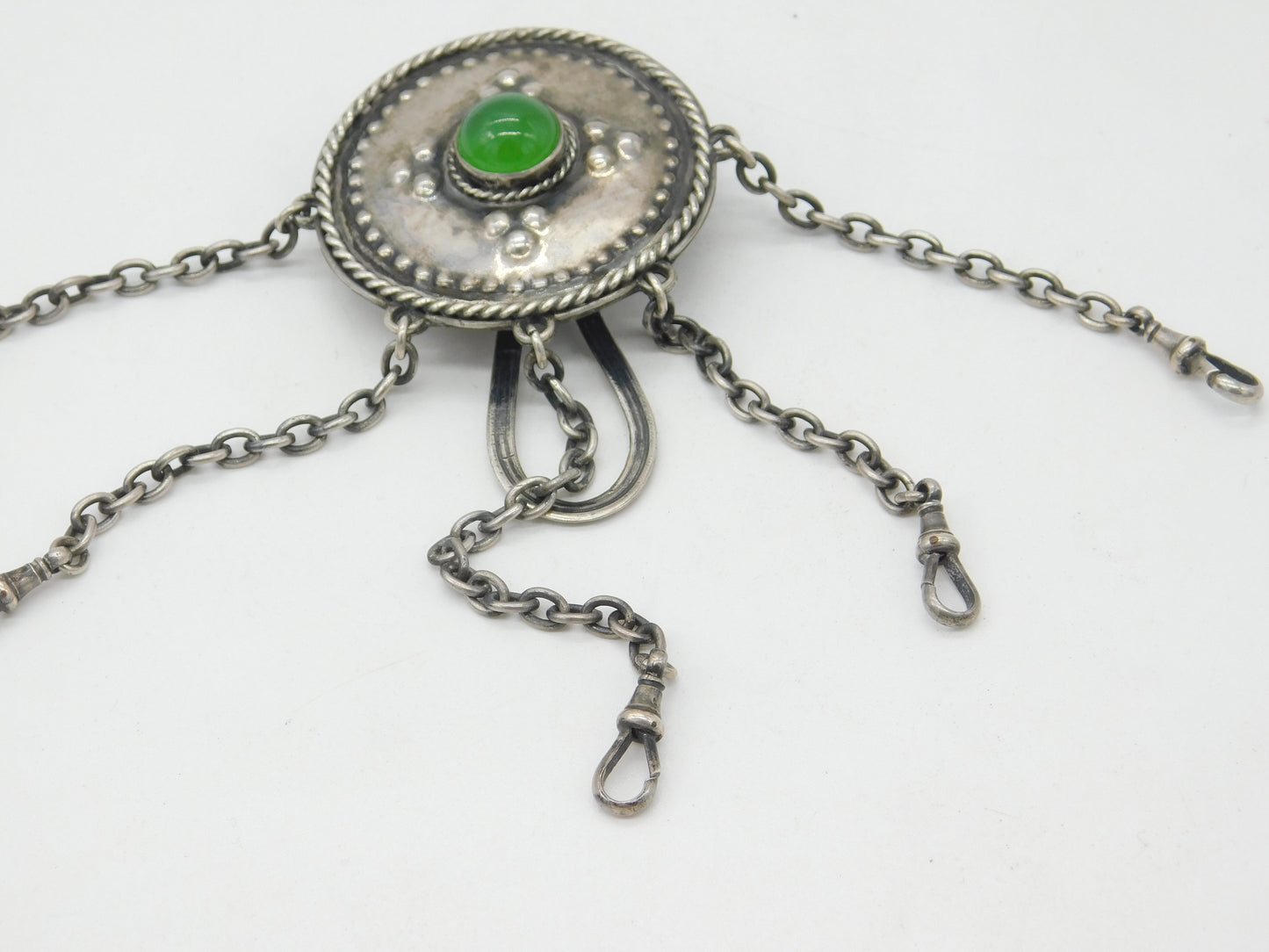 Arts & Crafts Sterling Silver Shield Form Cabochon Sewing Chatelaine Antique c1900