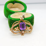 14ct Gold, Amethyst, Seed Pearl & Diamond Floral Brooch Pendant Antique c1920