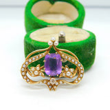 14ct Gold, Amethyst, Seed Pearl & Diamond Floral Brooch Pendant Antique c1920