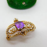 14ct Gold, Amethyst, Seed Pearl & Diamond Floral Brooch Pendant Antique c1920