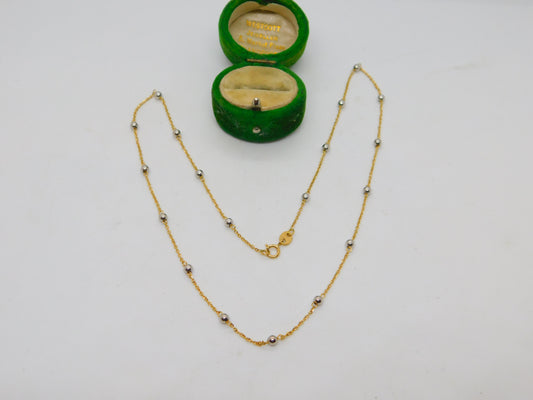 Italian 18ct Yellow & White Gold Bi-Colour Beaded Chain Necklace Vintage c1990