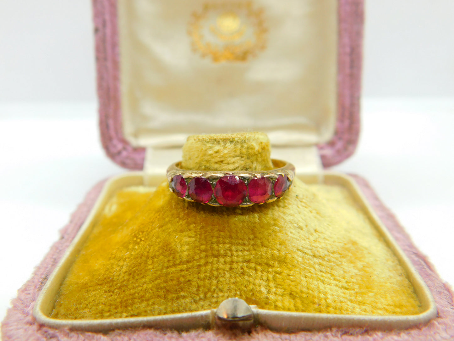 Victorian 15ct Yellow Gold & Five Stone Ruby Band Ring Antique c1890