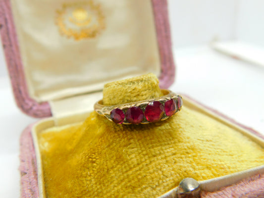 Victorian 15ct Yellow Gold & Five Stone Ruby Band Ring Antique c1890