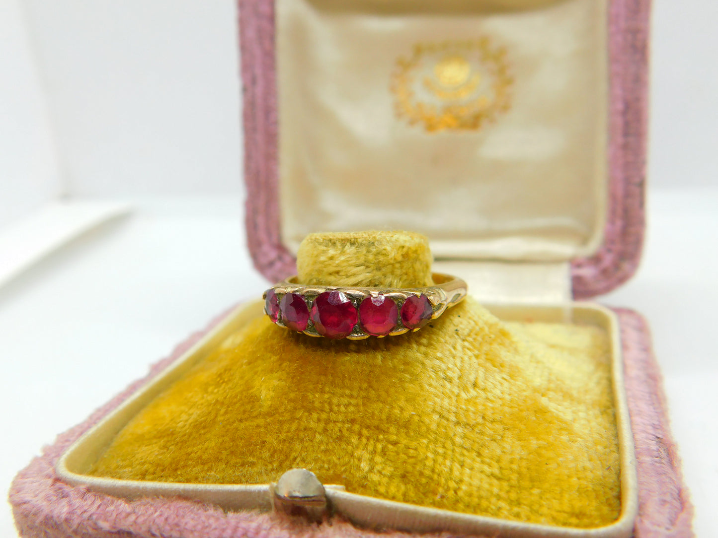 Victorian 15ct Yellow Gold & Five Stone Ruby Band Ring Antique c1890