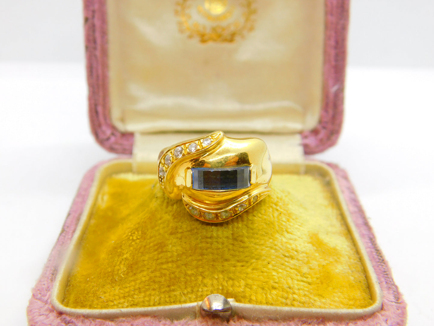 18ct Yellow Gold, Sapphire & Diamond Paste Modernist Dress Ring Vintage c1970