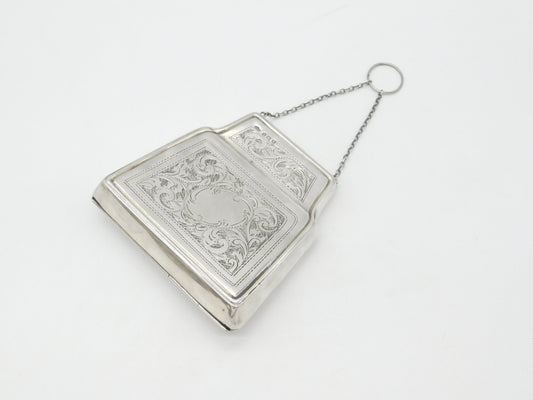 Large Sterling Silver Floral Ladies Leather Lined Purse Antique 1917 Birmingham