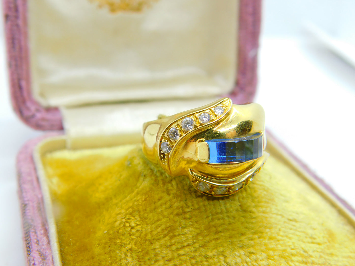 18ct Yellow Gold, Sapphire & Diamond Paste Modernist Dress Ring Vintage c1970