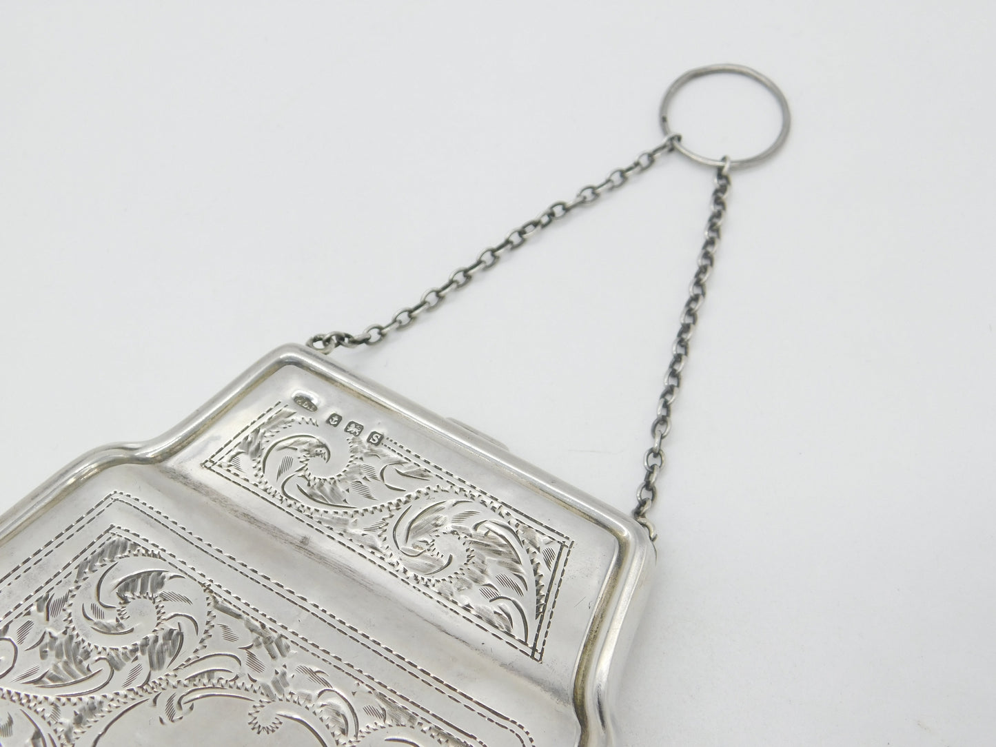 Large Sterling Silver Floral Ladies Leather Lined Purse Antique 1917 Birmingham