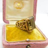 9ct Yellow Gold Textured Bark Pattern Smoky Quartz Cocktail Ring c1970 Vintage
