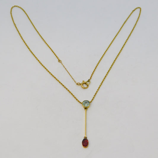 Victorian 15ct Yellow Gold, Aquamarine & Garnet Drop Necklace Antique c1890