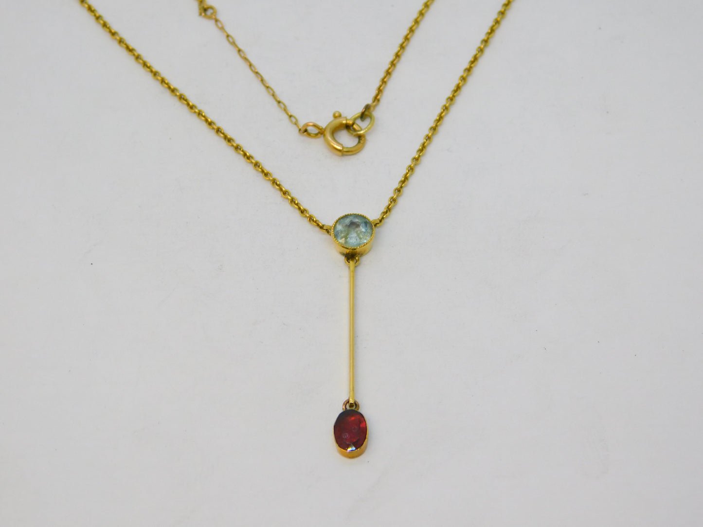 Victorian 15ct Yellow Gold, Aquamarine & Garnet Drop Necklace Antique c1890