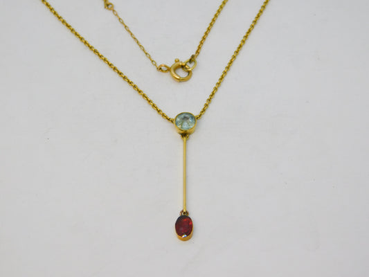 Victorian 15ct Yellow Gold, Aquamarine & Garnet Drop Necklace Antique c1890