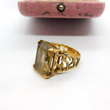 9ct Yellow Gold Textured Bark Pattern Smoky Quartz Cocktail Ring c1970 Vintage
