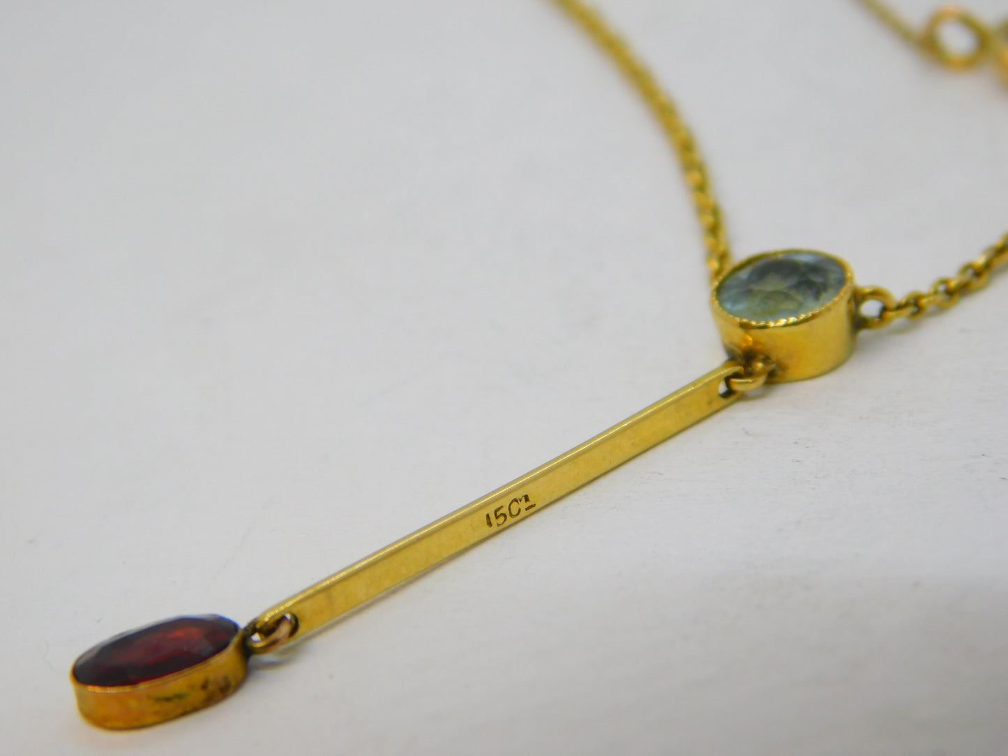 Victorian 15ct Yellow Gold, Aquamarine & Garnet Drop Necklace Antique c1890