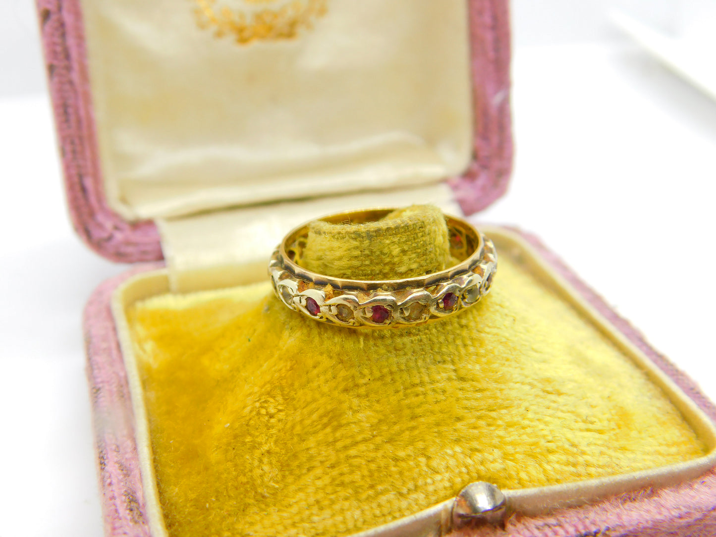 9ct Yellow Gold Full Eternity Ring Set with Ruby & Paste Stones Vintage 1993