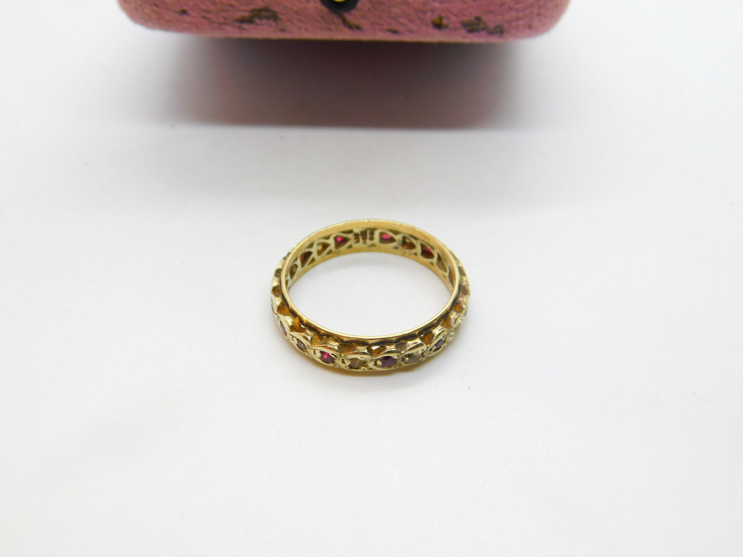 9ct Yellow Gold Full Eternity Ring Set with Ruby & Paste Stones Vintage 1993