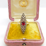 True Deco 9ct Rose Gold, Red-White Paste Stone Marquise Form Shield Ring c1930