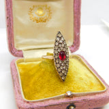 True Deco 9ct Rose Gold, Red-White Paste Stone Marquise Form Shield Ring c1930