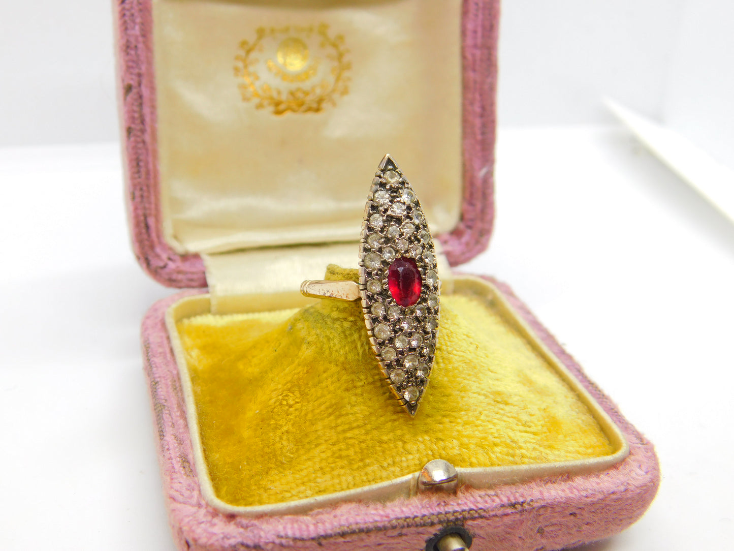 True Deco 9ct Rose Gold, Red-White Paste Stone Marquise Form Shield Ring c1930