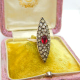 True Deco 9ct Rose Gold, Red-White Paste Stone Marquise Form Shield Ring c1930