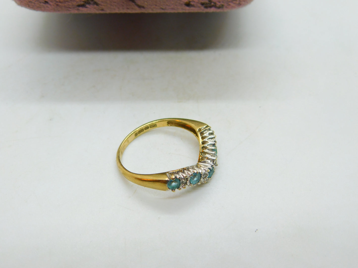 9ct Yellow Gold, Topaz & Diamond Herringbone Band Ring Vintage c1990 Sheffield