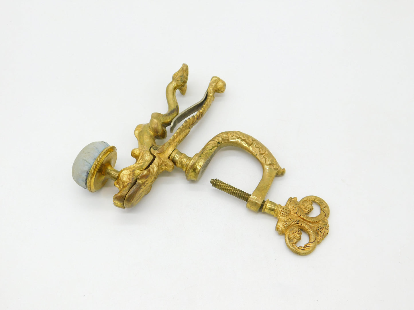 French Art Nouveau Victorian Gilt Metal Dolphin Table Clamp Pin Cushion Antique c1880