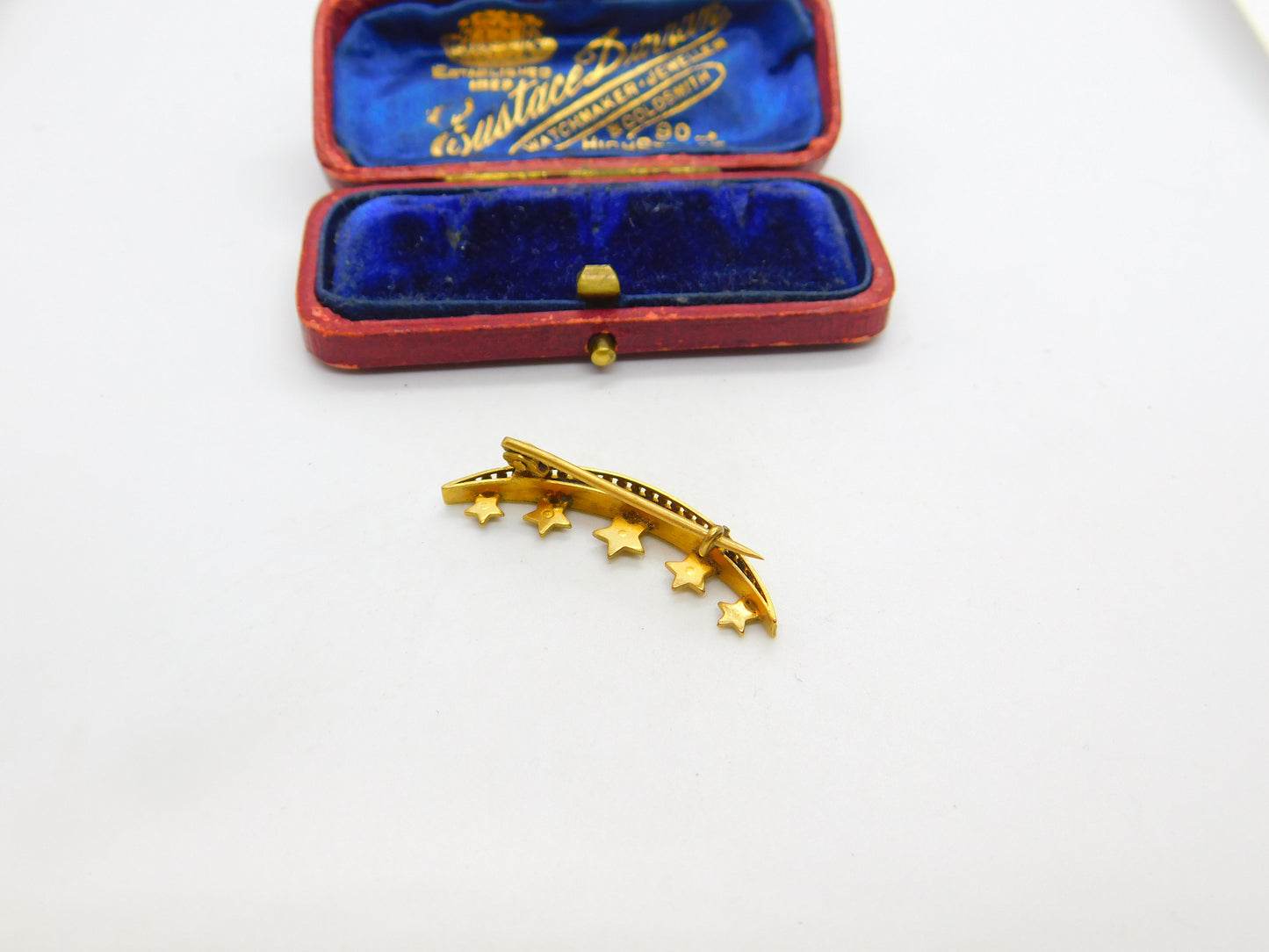 Victorian 15ct Gold Seed Pearl Set Crescent & Star Sweetheart Brooch c1860