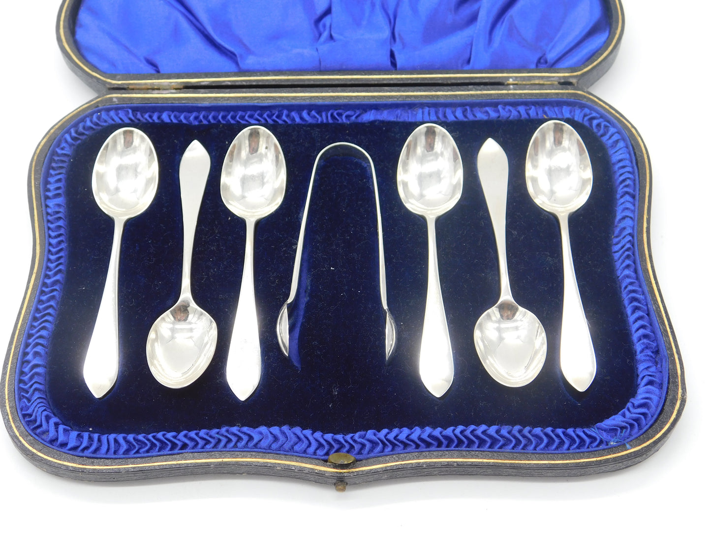 Boxed Set of Sterling Silver Tea Spoons & Tongs Antique 1914 London Art Deco