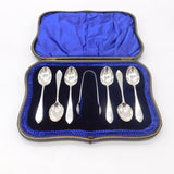 Boxed Set of Sterling Silver Tea Spoons & Tongs Antique 1914 London Art Deco