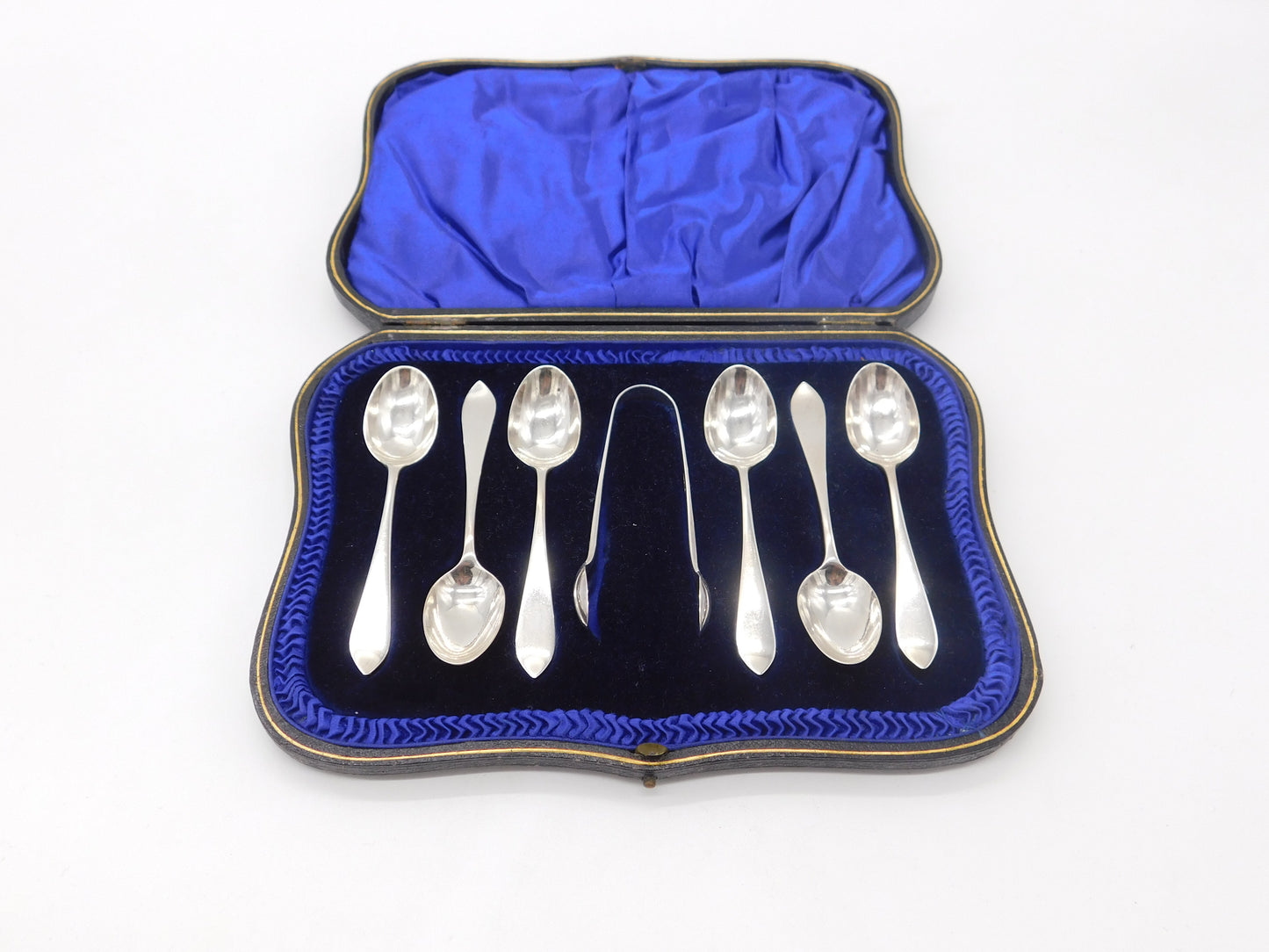 Boxed Set of Sterling Silver Tea Spoons & Tongs Antique 1914 London Art Deco