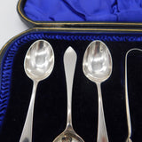 Boxed Set of Sterling Silver Tea Spoons & Tongs Antique 1914 London Art Deco