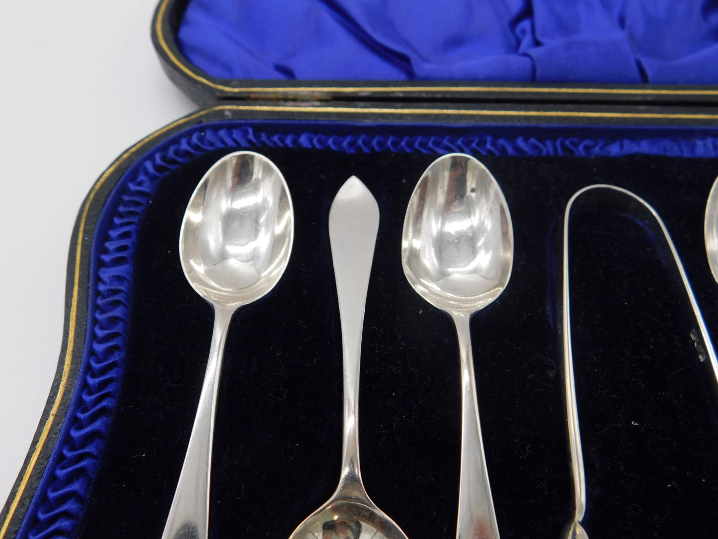 Boxed Set of Sterling Silver Tea Spoons & Tongs Antique 1914 London Art Deco