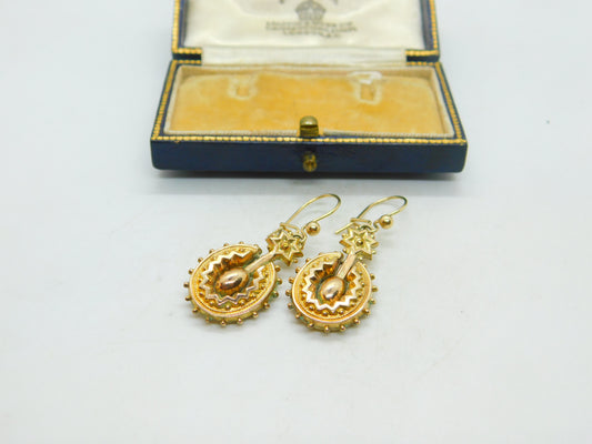 Pair Of Victorian 9ct Yellow Gold Etruscan Style Starburst Earrings Antique 1860