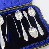 Boxed Set of Sterling Silver Tea Spoons & Tongs Antique 1914 London Art Deco
