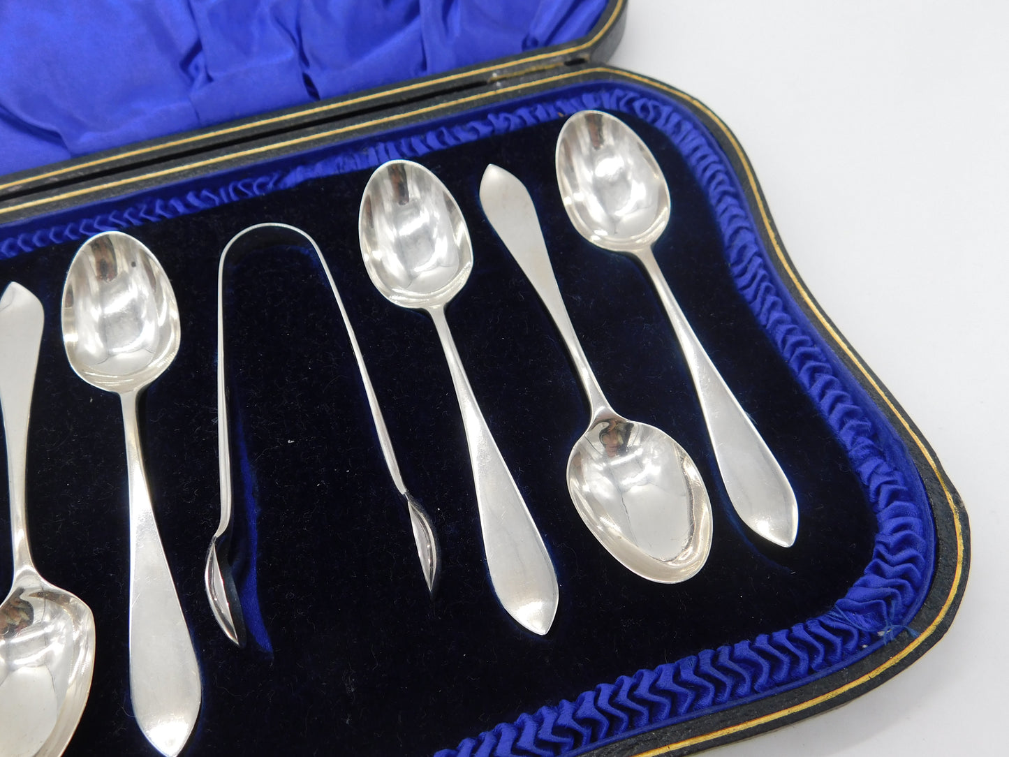 Boxed Set of Sterling Silver Tea Spoons & Tongs Antique 1914 London Art Deco