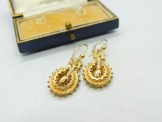 Pair Of Victorian 9ct Yellow Gold Etruscan Style Starburst Earrings Antique 1860