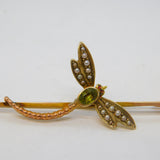 Edwardian 15ct Gold, Peridot & Seed Pearl Dragonfly Insect Brooch Antique