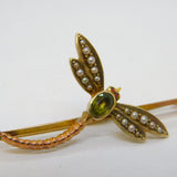 Edwardian 15ct Gold, Peridot & Seed Pearl Dragonfly Insect Brooch Antique