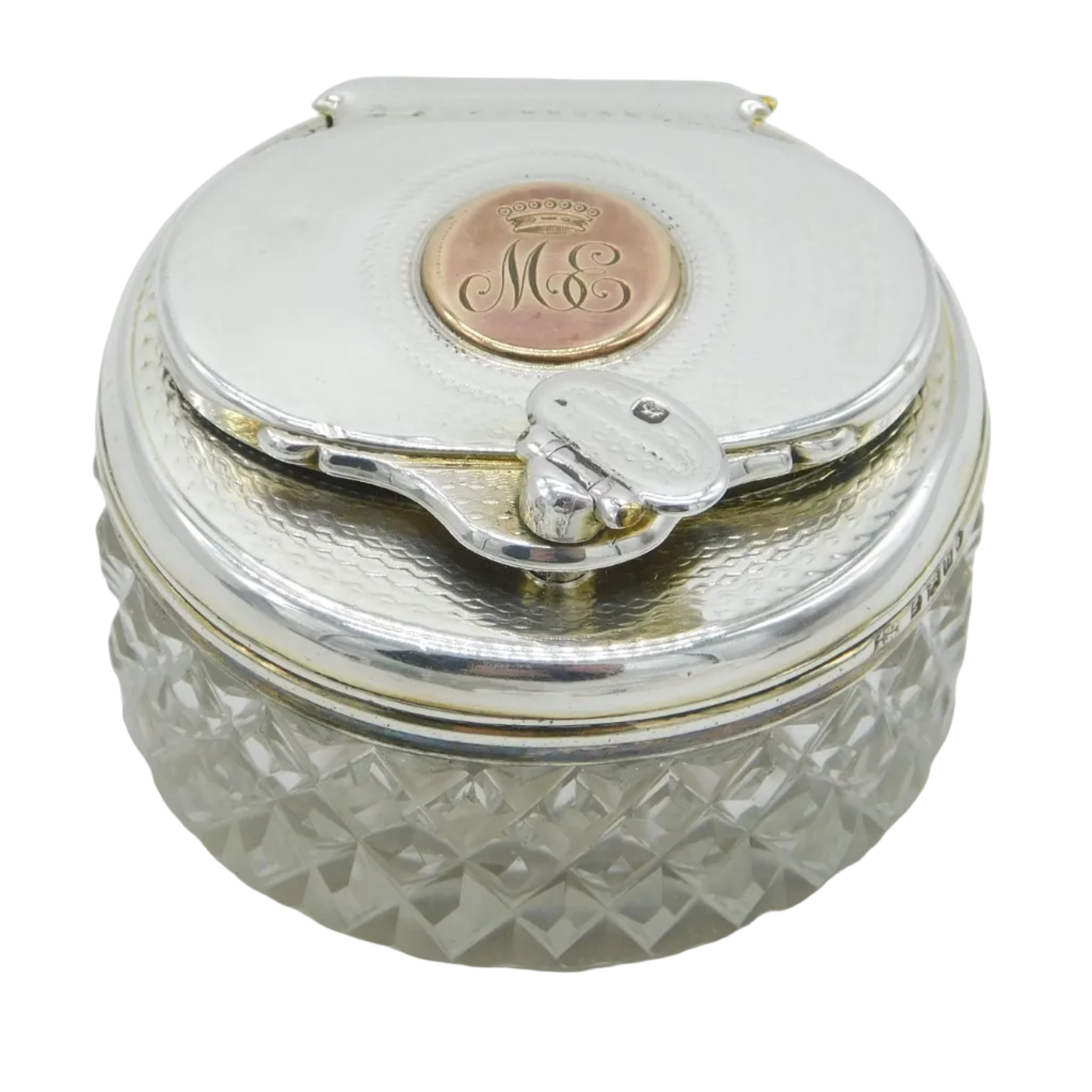 Antique sterling silver powder jar with a 9ct gold & cut glass design, featuring a screw fixing lid, and the monogram for Countess Vane.