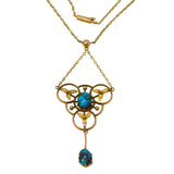 Edwardian 9ct Gold & Turquoise Set Floral Lavalier Necklace Antique c1910s