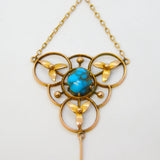 Edwardian 9ct Gold & Turquoise Set Floral Lavalier Necklace Antique c1910s