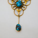 Edwardian 9ct Gold & Turquoise Set Floral Lavalier Necklace Antique c1910s