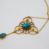 Edwardian 9ct Gold & Turquoise Set Floral Lavalier Necklace Antique c1910s