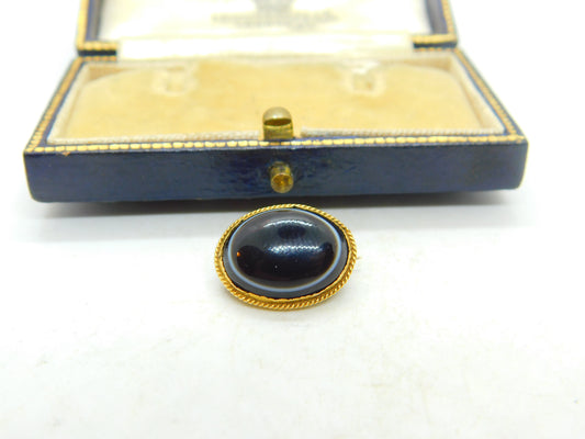 Victorian 15ct Gold & Cabochon Bulls Eye Agate Brooch Antique c1850