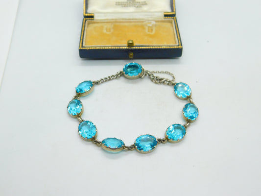 Sterling Silver & Faceted Blue Zircon Bracelet Antique c1920 Art Deco