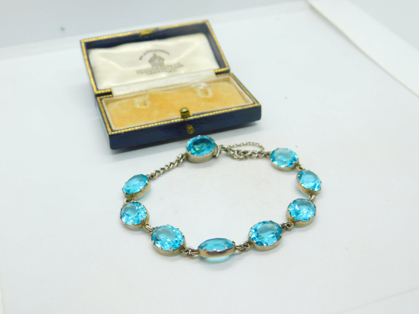 Sterling Silver & Faceted Blue Zircon Bracelet Antique c1920 Art Deco